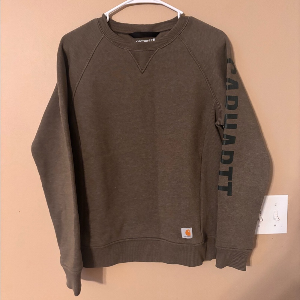 Carhartt Olive Green Crewneck Sweatshirt Relaxed Fit Sleeve Logo XS Women